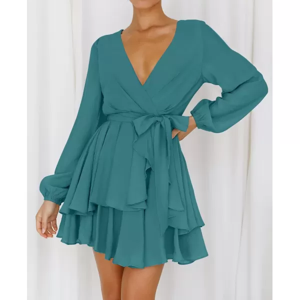 imageZESICA Womens Wrap V Neck Dress Long Sleeve 2023 Tie Waist Ruffle Hem Cocktail Wedding Party Swing Mini DressesTeal