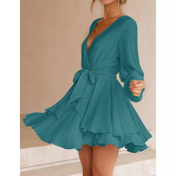imageZESICA Womens Wrap V Neck Dress Long Sleeve 2023 Tie Waist Ruffle Hem Cocktail Wedding Party Swing Mini DressesTeal