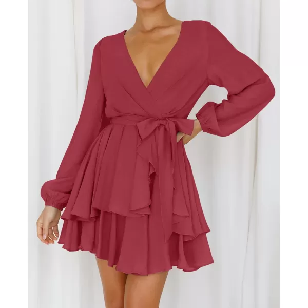 imageZESICA Womens Wrap V Neck Dress Long Sleeve 2023 Tie Waist Ruffle Hem Cocktail Wedding Party Swing Mini DressesWine