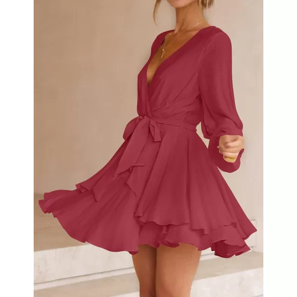 imageZESICA Womens Wrap V Neck Dress Long Sleeve 2023 Tie Waist Ruffle Hem Cocktail Wedding Party Swing Mini DressesWine