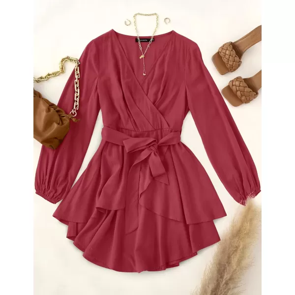 imageZESICA Womens Wrap V Neck Dress Long Sleeve 2023 Tie Waist Ruffle Hem Cocktail Wedding Party Swing Mini DressesWine