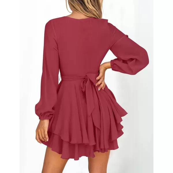 imageZESICA Womens Wrap V Neck Dress Long Sleeve 2023 Tie Waist Ruffle Hem Cocktail Wedding Party Swing Mini DressesWine