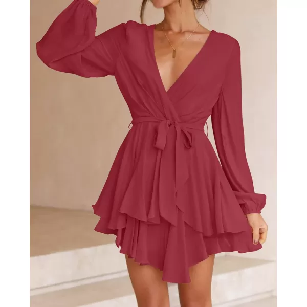 imageZESICA Womens Wrap V Neck Dress Long Sleeve 2023 Tie Waist Ruffle Hem Cocktail Wedding Party Swing Mini DressesWine
