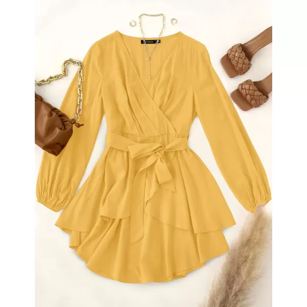 imageZESICA Womens Wrap V Neck Dress Long Sleeve 2023 Tie Waist Ruffle Hem Cocktail Wedding Party Swing Mini DressesYellow