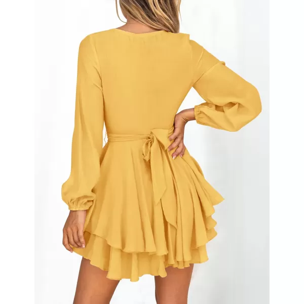 imageZESICA Womens Wrap V Neck Dress Long Sleeve 2023 Tie Waist Ruffle Hem Cocktail Wedding Party Swing Mini DressesYellow