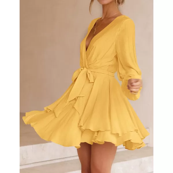 imageZESICA Womens Wrap V Neck Dress Long Sleeve 2023 Tie Waist Ruffle Hem Cocktail Wedding Party Swing Mini DressesYellow
