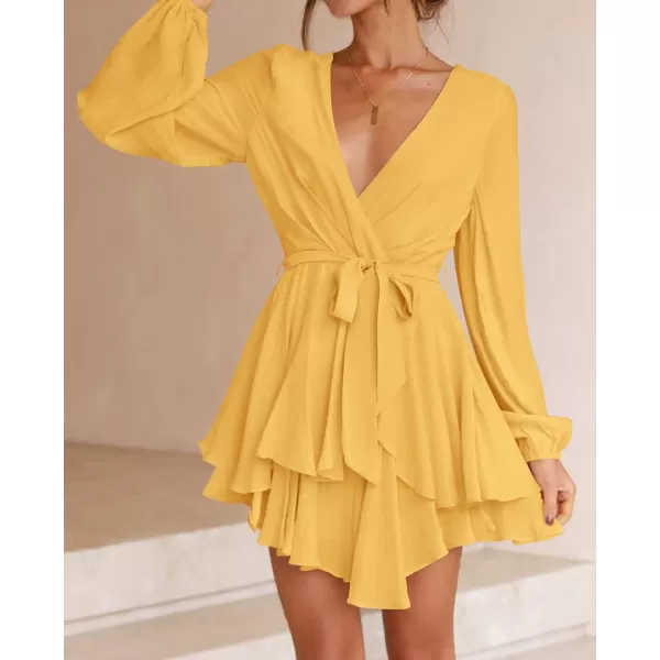 imageZESICA Womens Wrap V Neck Dress Long Sleeve 2023 Tie Waist Ruffle Hem Cocktail Wedding Party Swing Mini DressesYellow