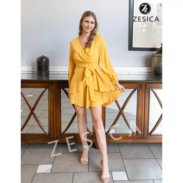 imageZESICA Womens Wrap V Neck Dress Long Sleeve 2023 Tie Waist Ruffle Hem Cocktail Wedding Party Swing Mini DressesYellow