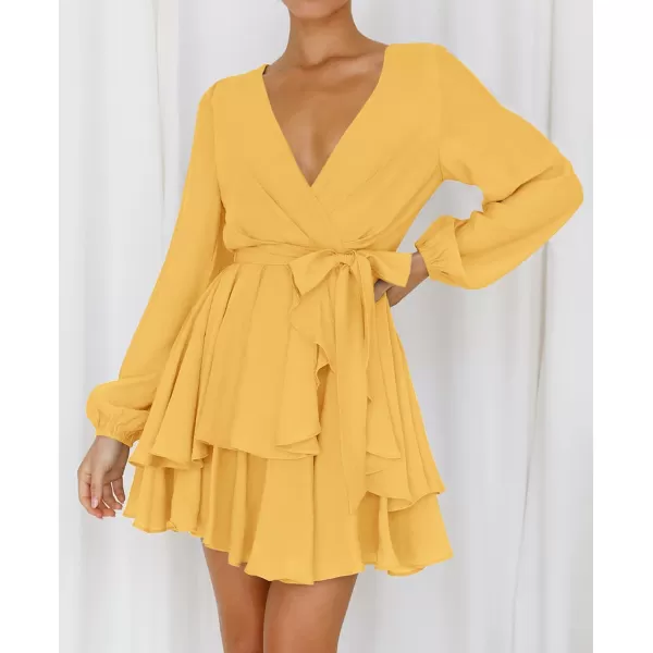 imageZESICA Womens Wrap V Neck Dress Long Sleeve 2023 Tie Waist Ruffle Hem Cocktail Wedding Party Swing Mini DressesYellow