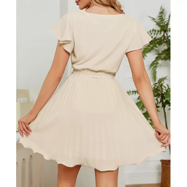 imageZESICA Womens Wrap V Neck Mini Dress 2023 Summer Flutter Sleeve Tie Waist Pleated A Line Swing Wedding Party Short DressesApricot