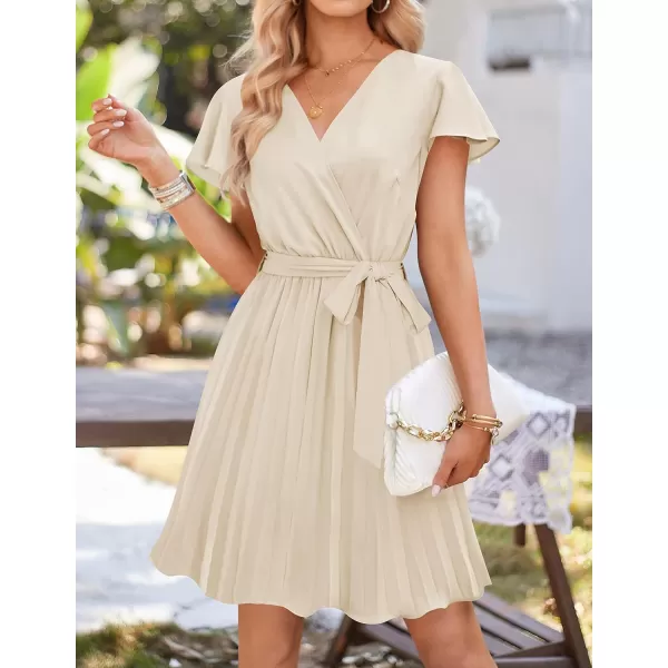 imageZESICA Womens Wrap V Neck Mini Dress 2023 Summer Flutter Sleeve Tie Waist Pleated A Line Swing Wedding Party Short DressesApricot