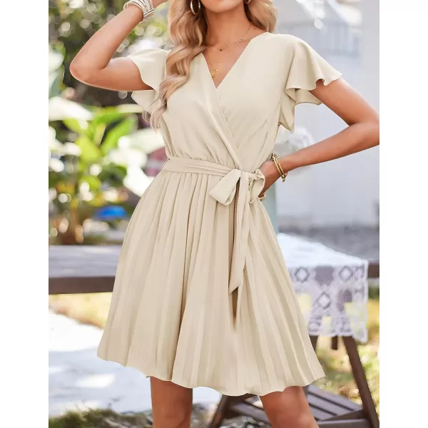 imageZESICA Womens Wrap V Neck Mini Dress 2023 Summer Flutter Sleeve Tie Waist Pleated A Line Swing Wedding Party Short DressesApricot