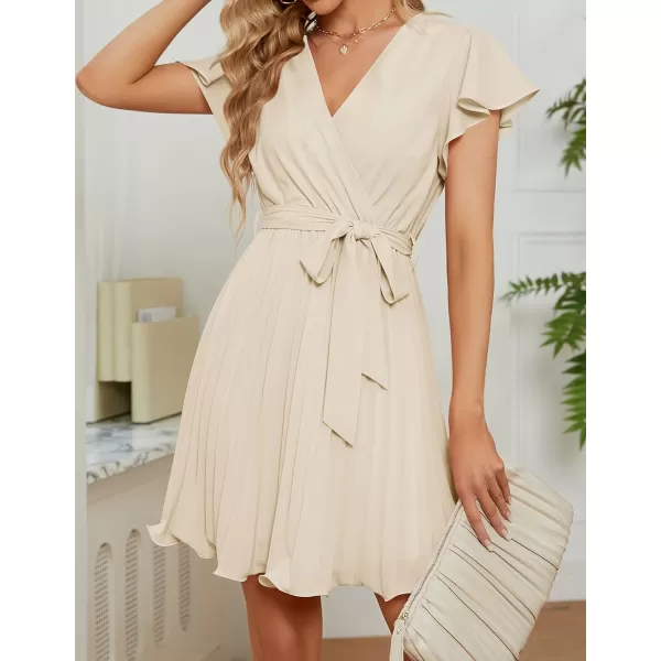 imageZESICA Womens Wrap V Neck Mini Dress 2023 Summer Flutter Sleeve Tie Waist Pleated A Line Swing Wedding Party Short DressesApricot