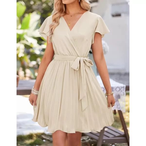 imageZESICA Womens Wrap V Neck Mini Dress 2023 Summer Flutter Sleeve Tie Waist Pleated A Line Swing Wedding Party Short DressesApricot
