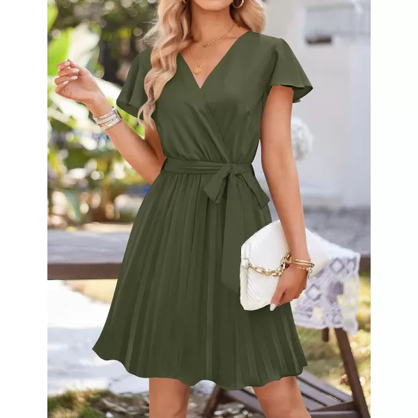 imageZESICA Womens Wrap V Neck Mini Dress 2023 Summer Flutter Sleeve Tie Waist Pleated A Line Swing Wedding Party Short DressesArmygreen