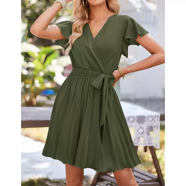 imageZESICA Womens Wrap V Neck Mini Dress 2023 Summer Flutter Sleeve Tie Waist Pleated A Line Swing Wedding Party Short DressesArmygreen