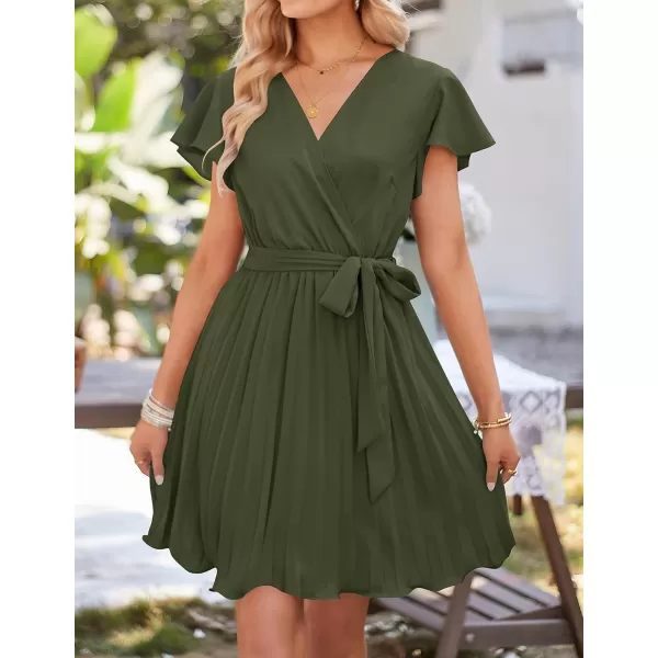 imageZESICA Womens Wrap V Neck Mini Dress 2023 Summer Flutter Sleeve Tie Waist Pleated A Line Swing Wedding Party Short DressesArmygreen