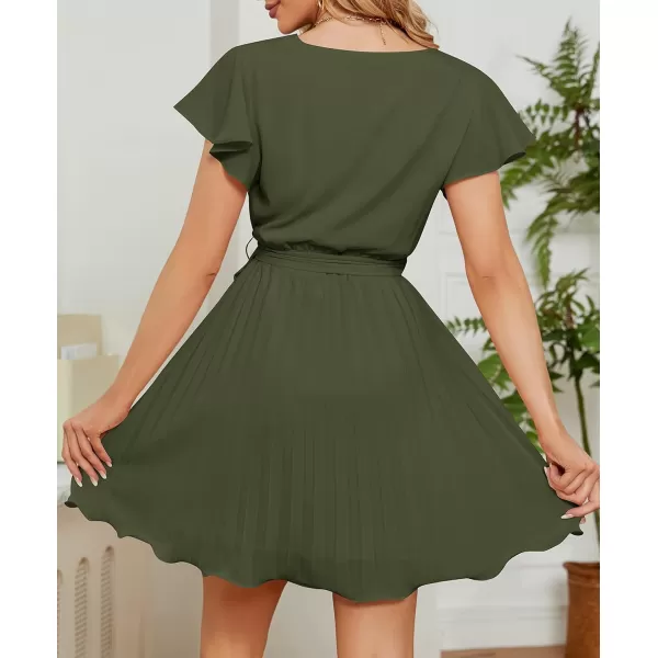 imageZESICA Womens Wrap V Neck Mini Dress 2023 Summer Flutter Sleeve Tie Waist Pleated A Line Swing Wedding Party Short DressesArmygreen