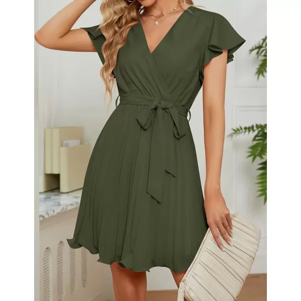 imageZESICA Womens Wrap V Neck Mini Dress 2023 Summer Flutter Sleeve Tie Waist Pleated A Line Swing Wedding Party Short DressesArmygreen