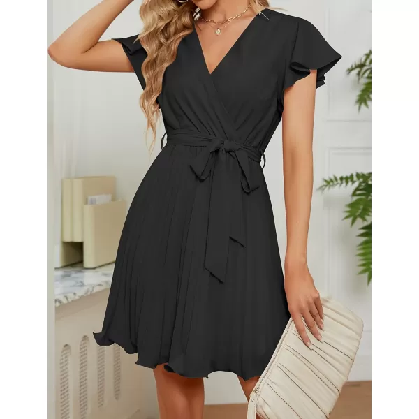 imageZESICA Womens Wrap V Neck Mini Dress 2023 Summer Flutter Sleeve Tie Waist Pleated A Line Swing Wedding Party Short DressesBlack