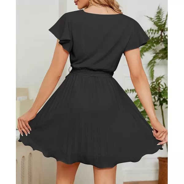 imageZESICA Womens Wrap V Neck Mini Dress 2023 Summer Flutter Sleeve Tie Waist Pleated A Line Swing Wedding Party Short DressesBlack