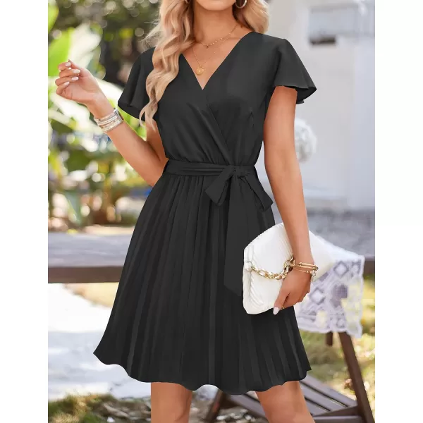 imageZESICA Womens Wrap V Neck Mini Dress 2023 Summer Flutter Sleeve Tie Waist Pleated A Line Swing Wedding Party Short DressesBlack