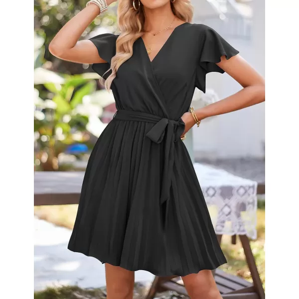 imageZESICA Womens Wrap V Neck Mini Dress 2023 Summer Flutter Sleeve Tie Waist Pleated A Line Swing Wedding Party Short DressesBlack
