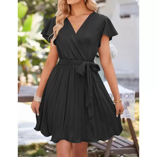 imageZESICA Womens Wrap V Neck Mini Dress 2023 Summer Flutter Sleeve Tie Waist Pleated A Line Swing Wedding Party Short DressesBlack