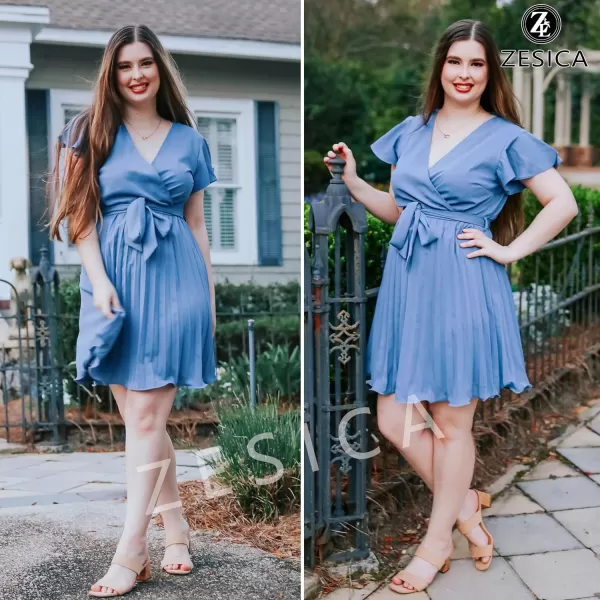 imageZESICA Womens Wrap V Neck Mini Dress 2023 Summer Flutter Sleeve Tie Waist Pleated A Line Swing Wedding Party Short DressesDustyblue