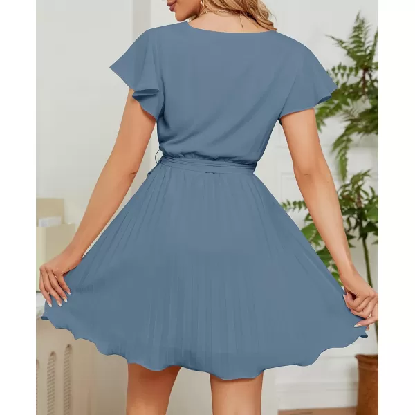 imageZESICA Womens Wrap V Neck Mini Dress 2023 Summer Flutter Sleeve Tie Waist Pleated A Line Swing Wedding Party Short DressesDustyblue