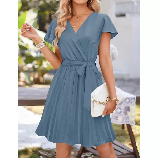 imageZESICA Womens Wrap V Neck Mini Dress 2023 Summer Flutter Sleeve Tie Waist Pleated A Line Swing Wedding Party Short DressesDustyblue