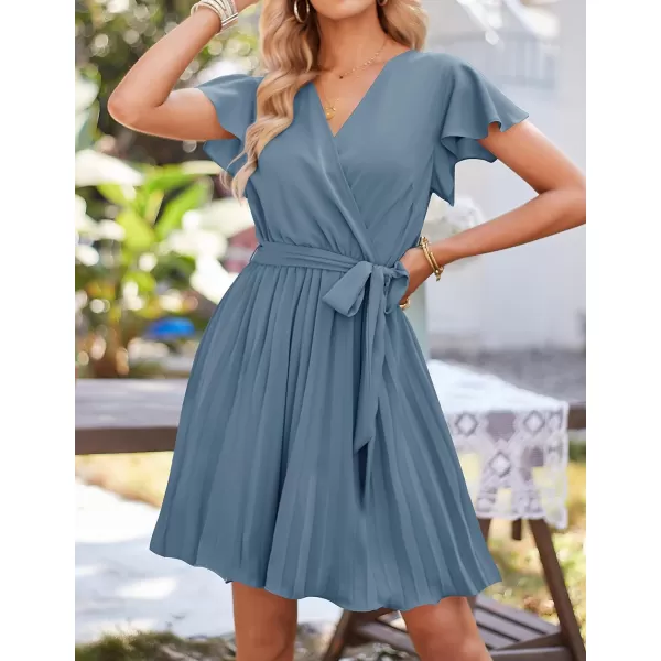 imageZESICA Womens Wrap V Neck Mini Dress 2023 Summer Flutter Sleeve Tie Waist Pleated A Line Swing Wedding Party Short DressesDustyblue