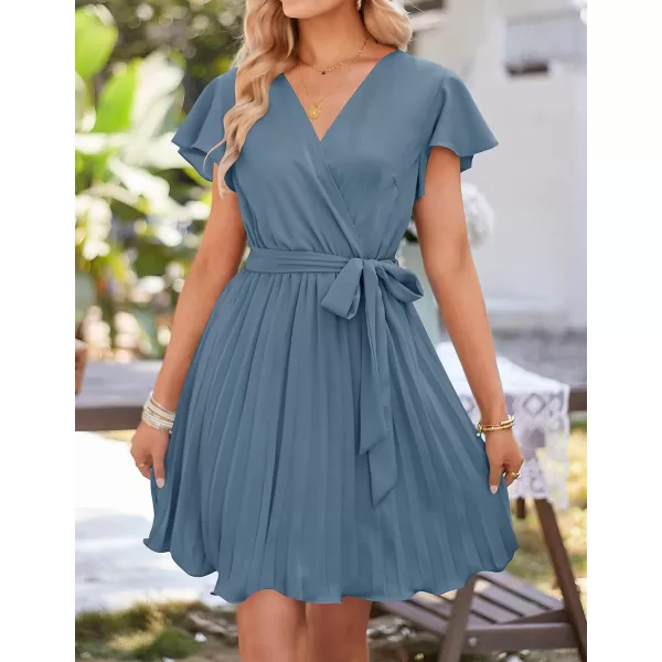 imageZESICA Womens Wrap V Neck Mini Dress 2023 Summer Flutter Sleeve Tie Waist Pleated A Line Swing Wedding Party Short DressesDustyblue
