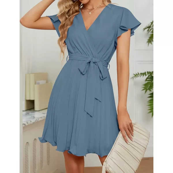 imageZESICA Womens Wrap V Neck Mini Dress 2023 Summer Flutter Sleeve Tie Waist Pleated A Line Swing Wedding Party Short DressesDustyblue