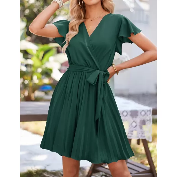 imageZESICA Womens Wrap V Neck Mini Dress 2023 Summer Flutter Sleeve Tie Waist Pleated A Line Swing Wedding Party Short DressesForestgreen