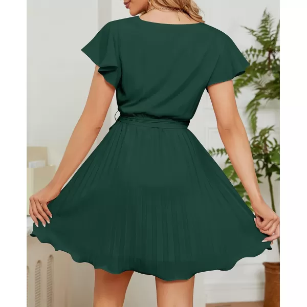 imageZESICA Womens Wrap V Neck Mini Dress 2023 Summer Flutter Sleeve Tie Waist Pleated A Line Swing Wedding Party Short DressesForestgreen