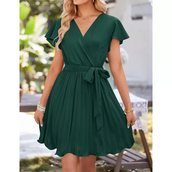 imageZESICA Womens Wrap V Neck Mini Dress 2023 Summer Flutter Sleeve Tie Waist Pleated A Line Swing Wedding Party Short DressesForestgreen