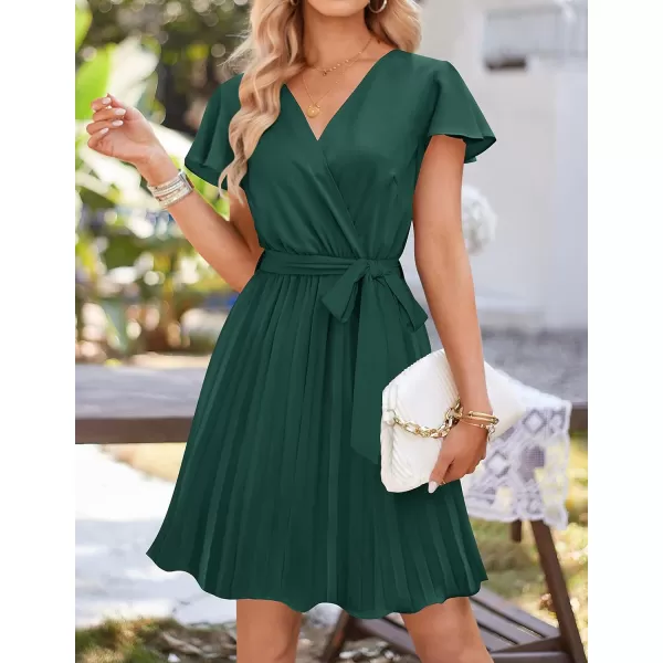 imageZESICA Womens Wrap V Neck Mini Dress 2023 Summer Flutter Sleeve Tie Waist Pleated A Line Swing Wedding Party Short DressesForestgreen