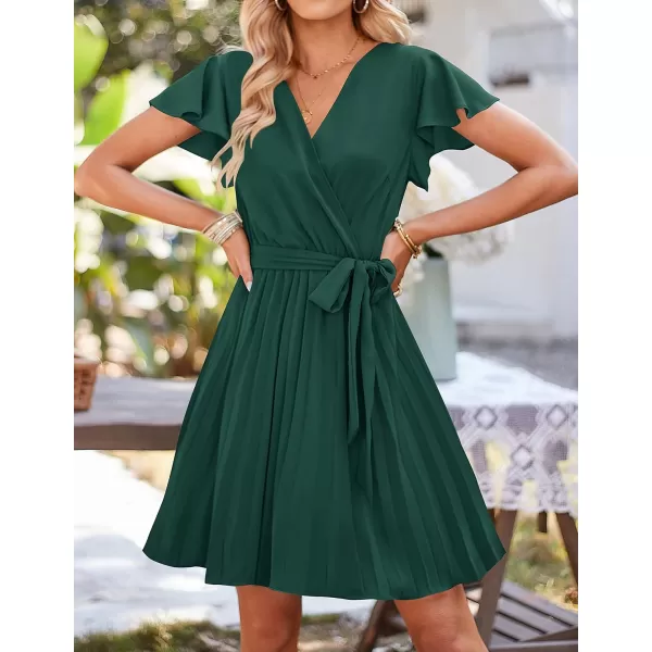 imageZESICA Womens Wrap V Neck Mini Dress 2023 Summer Flutter Sleeve Tie Waist Pleated A Line Swing Wedding Party Short DressesForestgreen