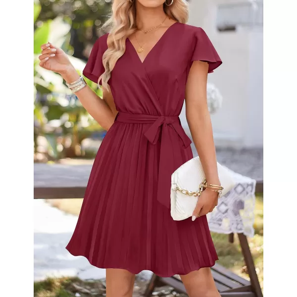 imageZESICA Womens Wrap V Neck Mini Dress 2023 Summer Flutter Sleeve Tie Waist Pleated A Line Swing Wedding Party Short DressesFuchsia