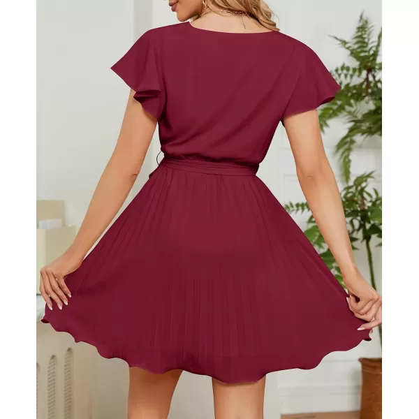 imageZESICA Womens Wrap V Neck Mini Dress 2023 Summer Flutter Sleeve Tie Waist Pleated A Line Swing Wedding Party Short DressesFuchsia