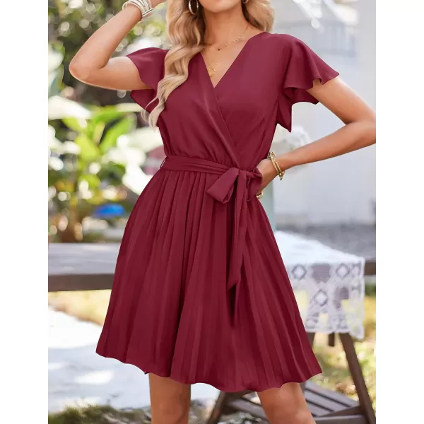 imageZESICA Womens Wrap V Neck Mini Dress 2023 Summer Flutter Sleeve Tie Waist Pleated A Line Swing Wedding Party Short DressesFuchsia