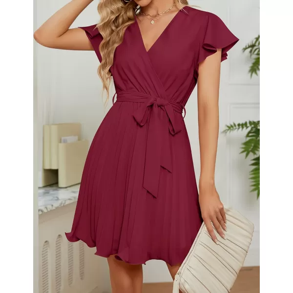 imageZESICA Womens Wrap V Neck Mini Dress 2023 Summer Flutter Sleeve Tie Waist Pleated A Line Swing Wedding Party Short DressesFuchsia