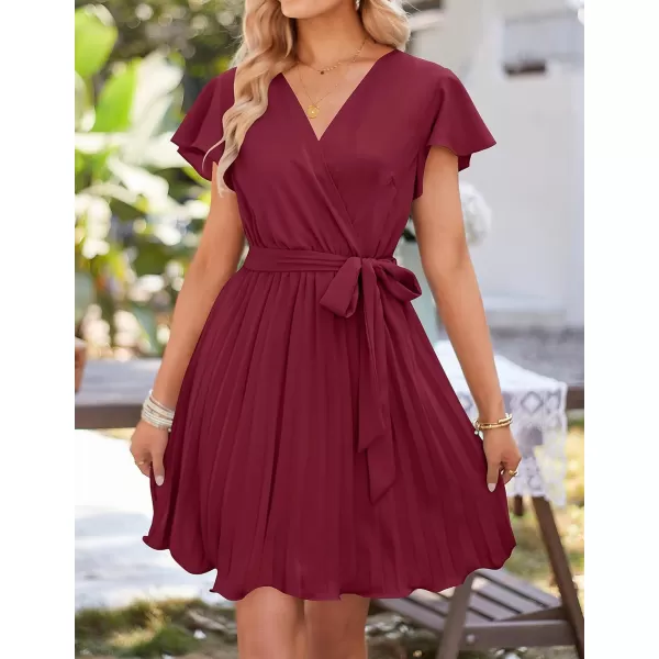 imageZESICA Womens Wrap V Neck Mini Dress 2023 Summer Flutter Sleeve Tie Waist Pleated A Line Swing Wedding Party Short DressesFuchsia