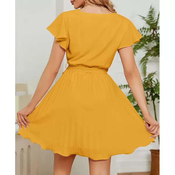 imageZESICA Womens Wrap V Neck Mini Dress 2023 Summer Flutter Sleeve Tie Waist Pleated A Line Swing Wedding Party Short DressesGinger