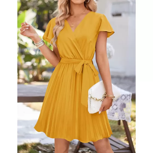 imageZESICA Womens Wrap V Neck Mini Dress 2023 Summer Flutter Sleeve Tie Waist Pleated A Line Swing Wedding Party Short DressesGinger