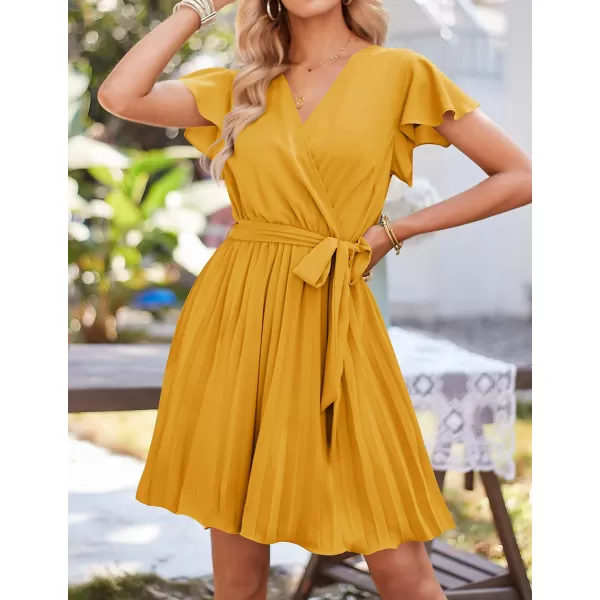 imageZESICA Womens Wrap V Neck Mini Dress 2023 Summer Flutter Sleeve Tie Waist Pleated A Line Swing Wedding Party Short DressesGinger