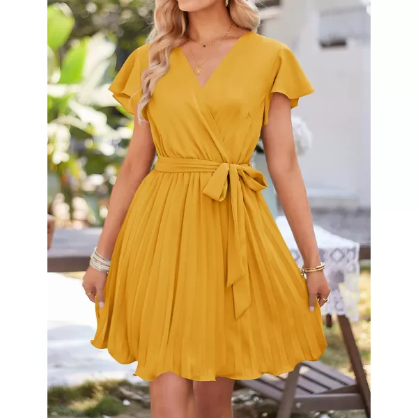 imageZESICA Womens Wrap V Neck Mini Dress 2023 Summer Flutter Sleeve Tie Waist Pleated A Line Swing Wedding Party Short DressesGinger