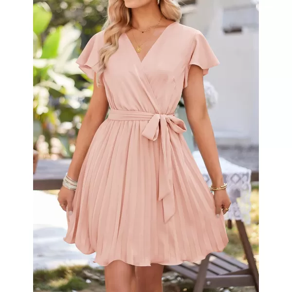 imageZESICA Womens Wrap V Neck Mini Dress 2023 Summer Flutter Sleeve Tie Waist Pleated A Line Swing Wedding Party Short DressesLightpink