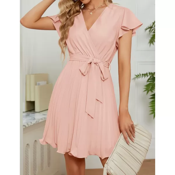 imageZESICA Womens Wrap V Neck Mini Dress 2023 Summer Flutter Sleeve Tie Waist Pleated A Line Swing Wedding Party Short DressesLightpink